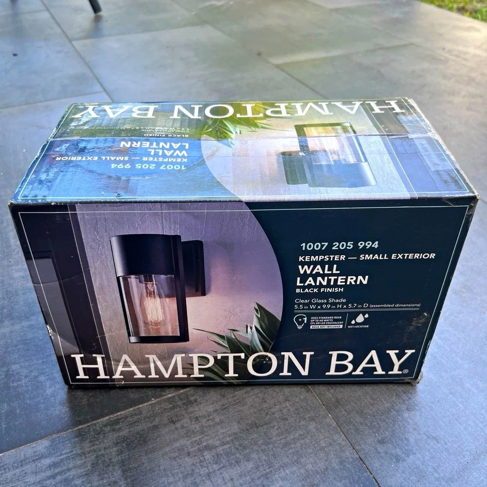 Hampton Bay Kempster Outdoor Wall Lantern, Black Finish Clear Glass, Hardwired